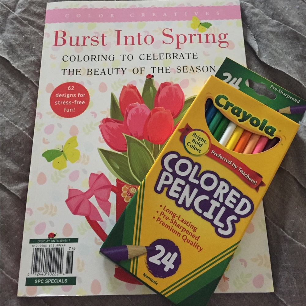 Burst into spring coloring book and pencils.